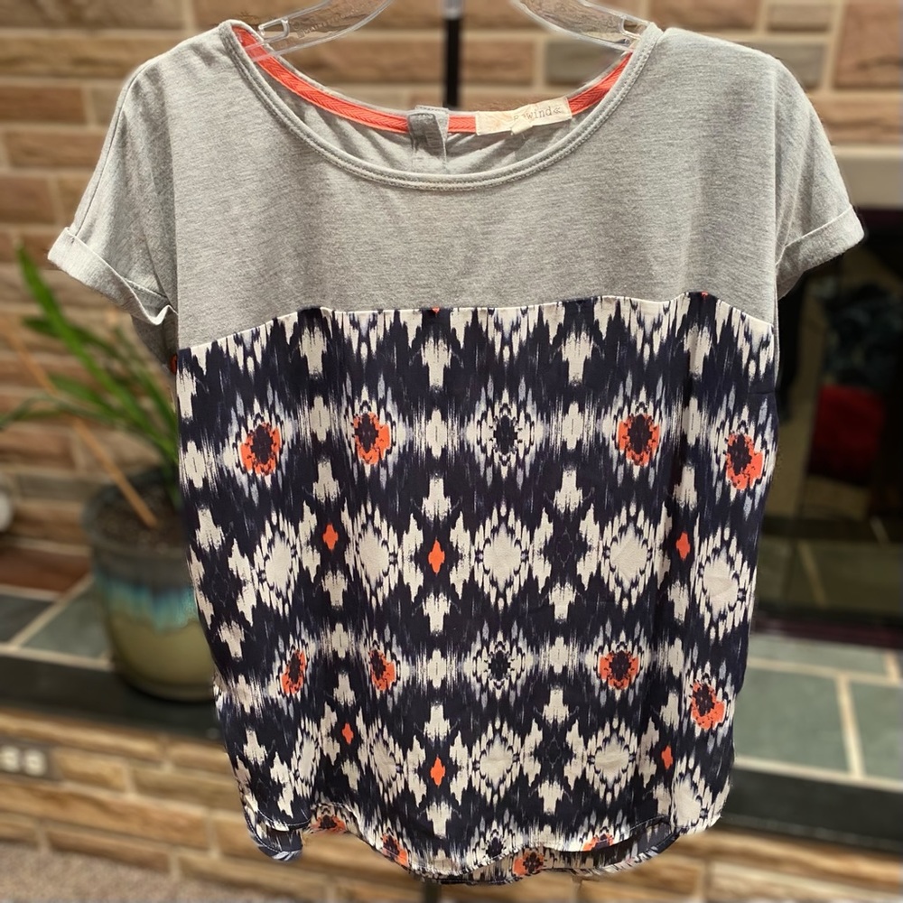 Gray T-Shirt w/ Blue, White, & Coral Aztec Pattern